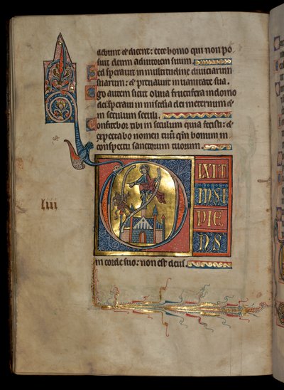 Ms 322 f.54v, Salmo 52, iniziale D, Tentazione di Cristo, illustrazione dal 